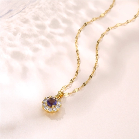 Collana Con Pendente A Fiore Catena In Acciaio Inossidabile Ottone Placcato Oro Zircone Viola Gioielli Eleganti Da Donna