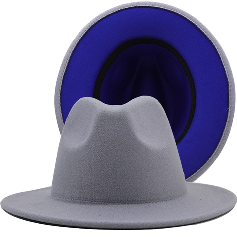 Fedora Hat Felt Wide Flat Brim Jazz Cap Contrast Color For Men Women British Style Vintage Classic Grey Blue