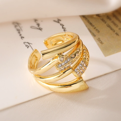 Offener Verstellbarer Ring Gold Vergoldetes Kupfer Zirkonia Geometrisch Irregulär Lagenlook Schmuck Damen