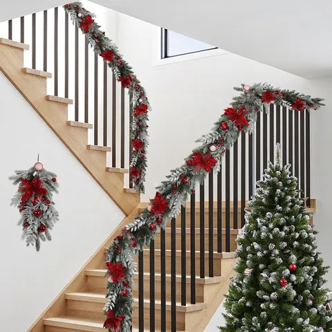 Decorazione Natalizia Corona Ghirlanda Teardrop Swag Pino Ghiacciato Fiori Poinsettia Rossi Ornamenti Per Porta Casa Parete