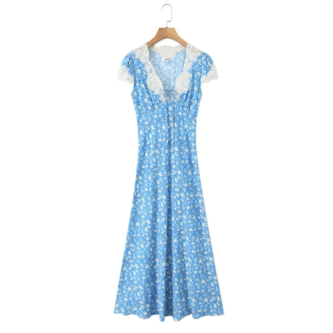 Floral Maxi Kleid V-Ausschnitt Spitze Patchwork Französisch Retro Elegant Kurzarm Viskose Damen