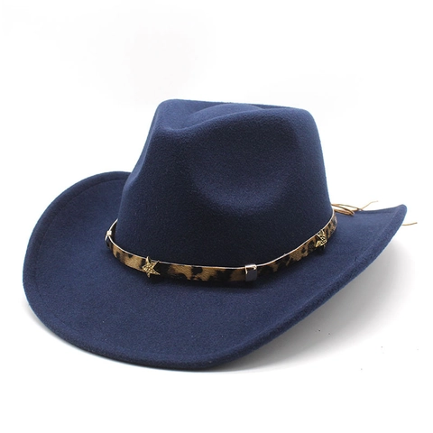 Western Cowboy Fedora Hat Woolen Felt With Leopard Band Golden Star Studs Wide Brim For Men Women