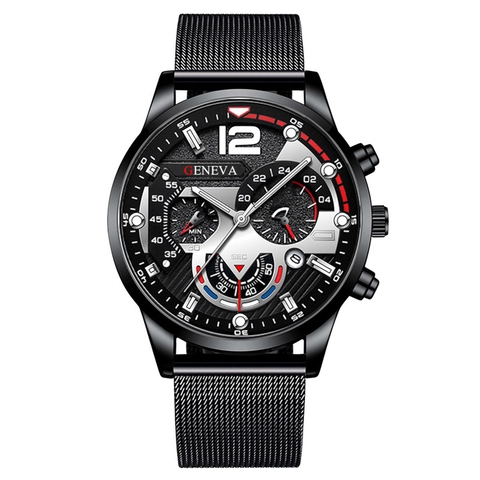 Montre À Quartz Pour Hommes Bracelet En Maille D'acier Inoxydable Aiguilles Lumineuses Calendrier Style Chronographe Mode Affaires