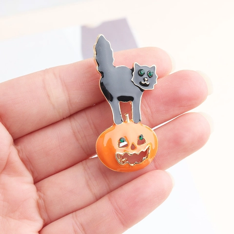 Broche De Halloween Aleación Esmalte Gato Negro Calabaza Strass Verde Alfiler De Solapa Joyería Regalo