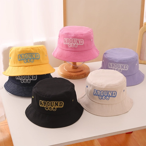 Kids Bucket Hat Cotton Canvas Sun Protection Smile Embroidery Wind Rope Wide Brim For Boys Girls