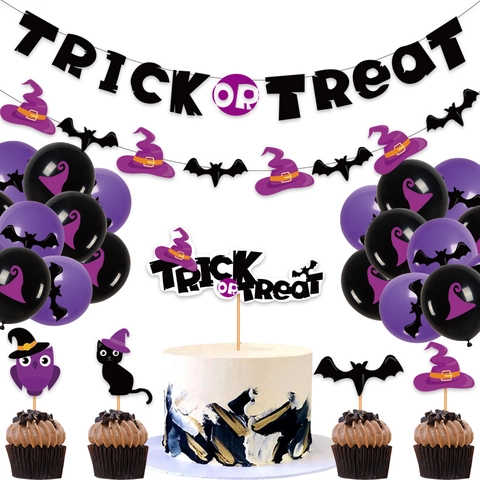Halloween Party Decorations Trick Or Treat Banner Purple Black Cardboard Cake Toppers Balloons Witch Hat Bat Theme