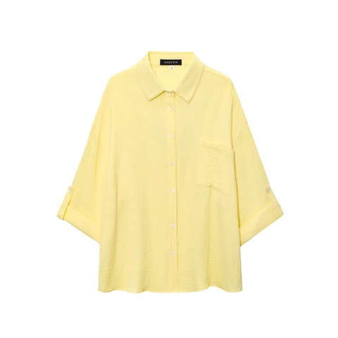 Damen Casual Baumwollmischung Langarm Button Down Hemd Mit Tasche Hellgelb Texturiert Musselin Bluse Roll-Tab Ärmel Top