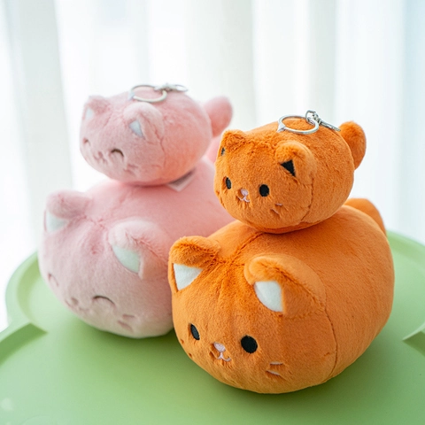 Kawaii Cat Plush Toy Round Kitten Stuffed Animal Keychain Soft Short Plush Embroidery Face Retractable Tail Novelty Gift