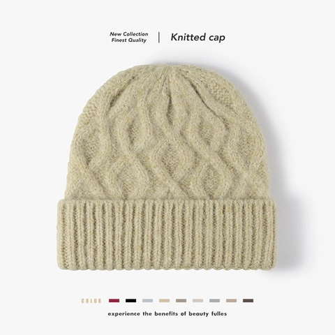 Cable Knit Beanie Hat Wool Thick Warm Winter Outdoor Ribbed Cuff Fashion Skull Cap For Men Women