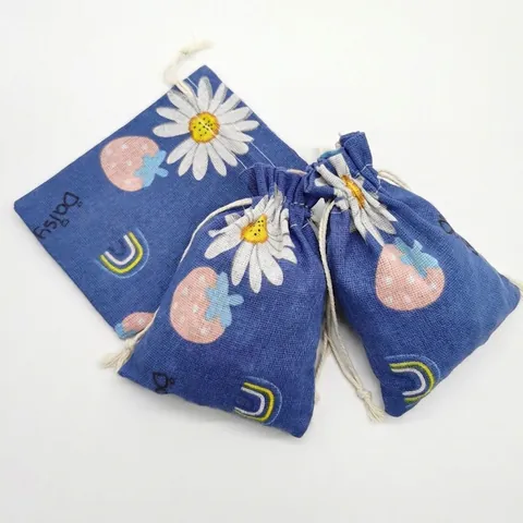 Printed Cotton Linen Drawstring Pouches Small Jewelry Storage Gift Bags Floral Animal Pattern Sachet Packaging Portable