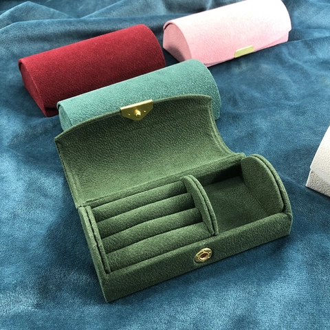 Portable Velvet Jewelry Box Travel Mini Arched Organizer Case For Rings Earrings With Golden Metal Buckle