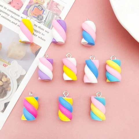 Colorful Spiral Marshmallow Charms Resin Simulation Candy Pendants With Metal Loop For DIY Keychain Jewelry Making