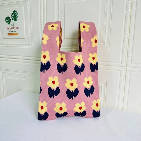 Korean Style Floral Knitted Tote Bag For Women Polyester Daisy Pattern Cute Casual Commute Handbag Large Capacity