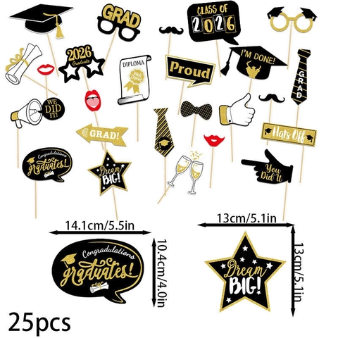Graduation Photo Booth Props Class Of 2026 Paper Handheld Props On Wood Sticks Black Gold Party Decoration For Graduates