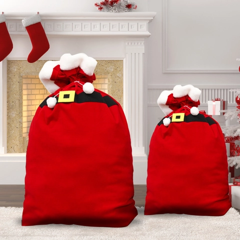 Saco De Regalo De Papá Noel De Navidad Bolsa De Tela Flocada Roja Con Pompones Cordón Decoración De Fiesta De Vacaciones Almacenamiento Caramelos