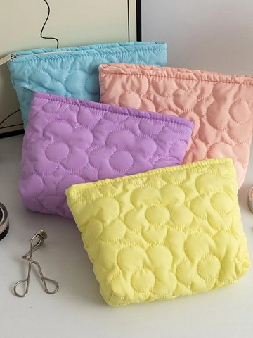 Quilted Flower Pattern Cosmetic Bag Large Capacity Portable Travel Toiletry Makeup Storage Pouch Zipper Floral Polyester