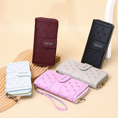 Damen Geldbörse Lang PU Leder Gestepptes Herzmuster Große Kapazität Clutch Mit Handschlaufe Druckknopf Reißverschluss