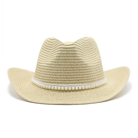 Chapeau De Cow-Boy En Paille Avec Bande De Künstliche Perles Bord Large Protection Solaire Vacances Plage Été Pour Hommes Femmes