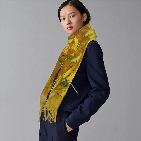 Van Gogh Sunflowers Oil Painting Print Scarf Soft Imitation Cashmere Winter Warm Scarf Long Tassel Shawl Wrap Women Gift