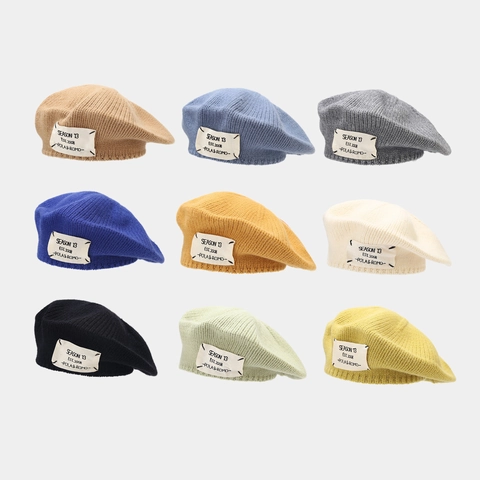 Knitted Beret Hat Ribbed Acrylic Retro Painter Style Decorative Patch Winter Warm Fashion Solid Color For Women
