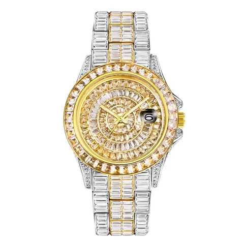 Lussuoso Orologio al Quarzo da Uomo Iced Out Full Zirconia Diamante Quadrato Impermeabile Hip Hop Lega con Data
