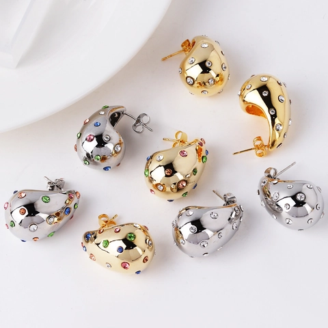 Teardrop Stud Earrings 18K Gold Plated Copper With Colorful Zircon Inlay INS Style Elegant Jewelry For Women