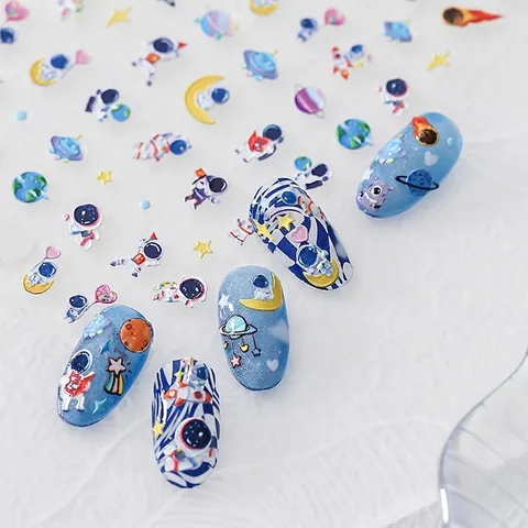 Space Astronaut Nail Art Stickers 3D Embossed Self Adhesive Planet Rocket Star Moon Cartoon DIY Manicure Decals For Women