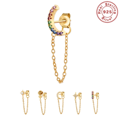 925 Sterling Silver Rainbow Cubic Zirconia Moon Star Chain Link Tassel Dangle Earrings For Women Gold Plated Jewelry