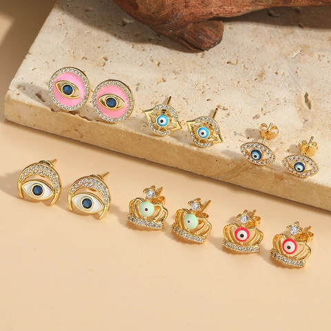 French Vintage Crown Evil Eye Stud Earrings Copper Zirconia Enamel Colorful Niche Design Gothic Jewelry For Women