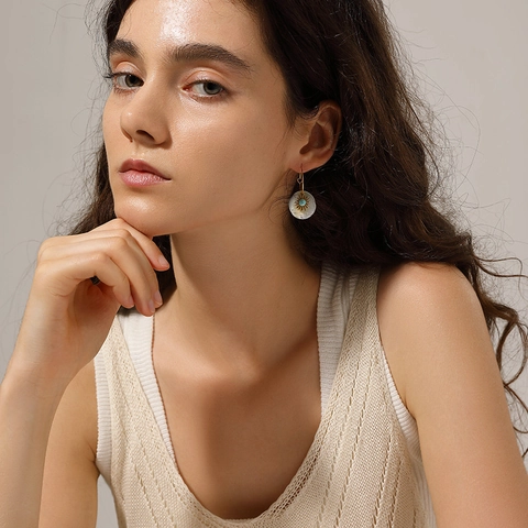Bohemian Shell Drop Earrings With 304 Stainless Steel Earring Post And Imitation Turquoise Sunburst Charm For Women