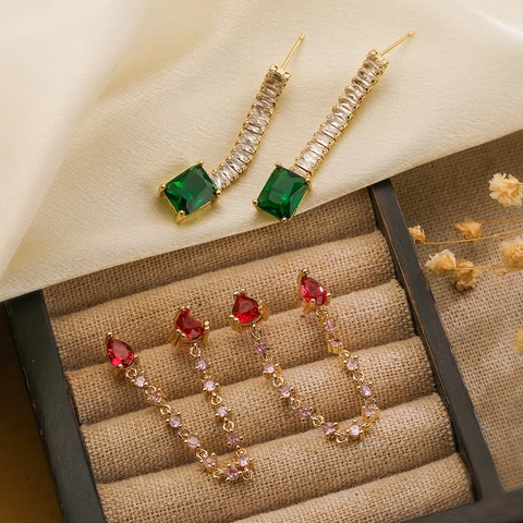 Zirkonia Quasten Ohrhänger Kupfer Vergoldet Herz Birnenform Bunte Retro Lange Tropfen Mode Schmuck Damen