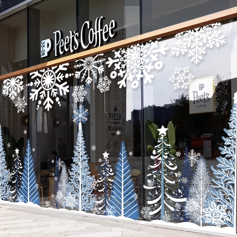 Christmas Snowflake Tree Window Stickers PVC Static Cling Glass Decals Winter Holiday Festive Atmosphere Decoration Shop Home