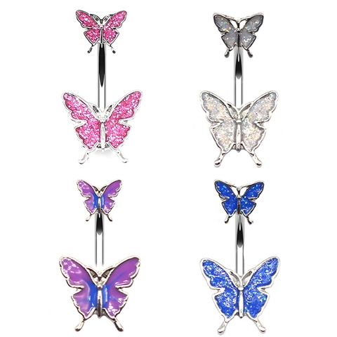 Creative Butterfly Belly Ring 316L Stainless Steel Curved Bar Piercing Jewelry With Glitter Enamel For Women Belly Piercing