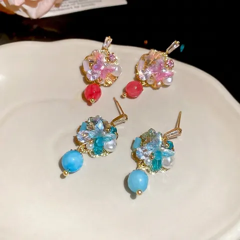 Butterfly Flower Dangle Earrings With 925 Sterling Silver Earring Post Alloy Artificial Pearl Glass Beads Elegant Fashion Jewelry Women