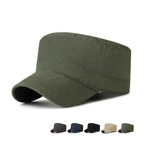 Cadet Cap Cotton Flat Top Military Hat Adjustable Breathable Sun Protection Outdoor Casual Unisex Solid Color
