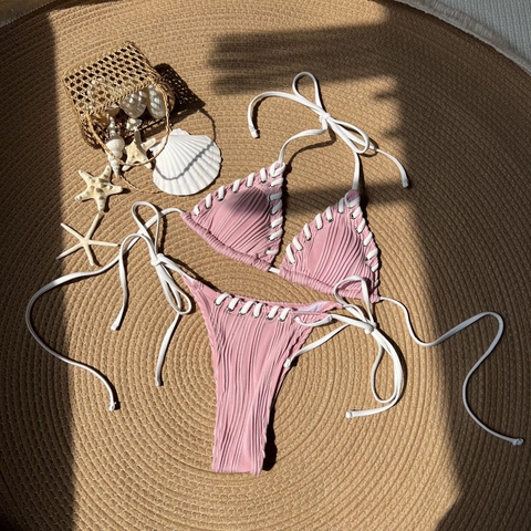 Ribbed Bikini Triangle Top And Side Tie Bottoms Contrast Lacing Metal Eyelets Halter Neck Swimsuit Beachwear For Women