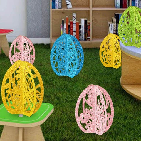 Dimensionale Hohle Ostereier Desktop Ornamente Glitzerpapier Bunte Blumen Hasen Muster Feiertag Party Tischdekoration