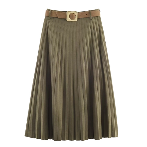 Women Pleated Midi Skirt High Waist Faux Suede Elegant Casual Solid Color A-Line Skirt With Belt