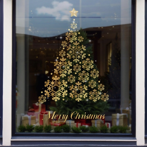 Golden Snowflake Christmas Tree Window Stickers Static Cling PVC Decals Merry Christmas Glass Door Decoration For Shop Home