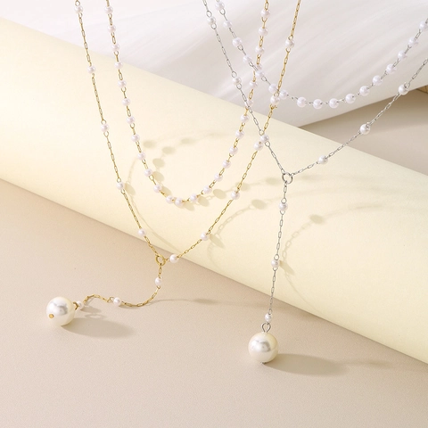 Collana Doppio Strato A Forma Di Y Künstliche Perle Acciaio Inossidabile Elegante Lunga Nappa Choker Gioielli Per Donne