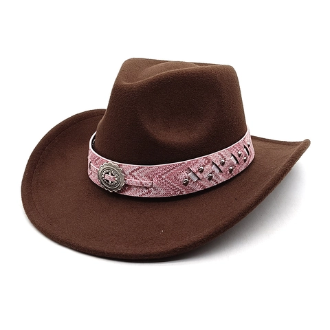 Cappello Da Cowboy Western Feltro Cotone Poliestere Tesa Larga Curva Vintage Fascia Rosa Fantasia Borchie Boho