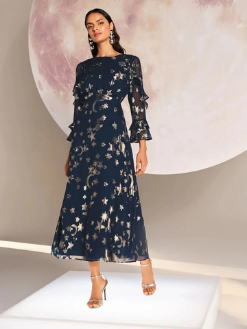 Vestito Lungo Donna Blu Scuro Stampa Celeste Luna Stella Pianeta Poliestere Maniche A Campana Scollo Tondo Aderente Retrò