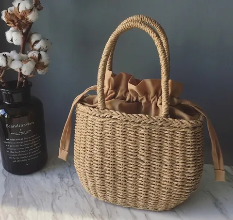 Gewebte Stroh Handtasche Damen Papierseil Eimertasche Sommer Strand Urlaub Lässige Kordelzug Tote Mit Baumwollfutter