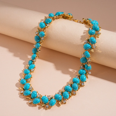 Collana Boho Vintage Retro Lega Resina Turchese Strass Choker Elegante Stile Etnico Per Donna