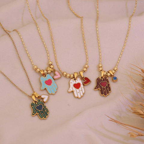 Hamsa Hand Anhänger Halskette Edelstahl Kupfer Emaille Böser Blick Herz Detail Türkischer Stil Schutz Gold Vergoldet Für Damen