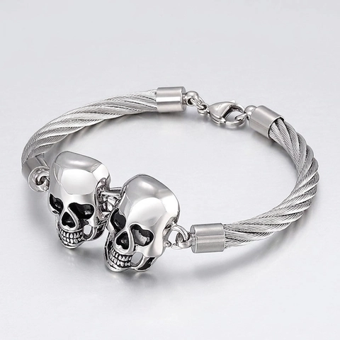 Men Stainless Steel Bracelet Punk Double Skull Head Steel Wire Cable Chain Gothic Retro Biker Jewelry For Him