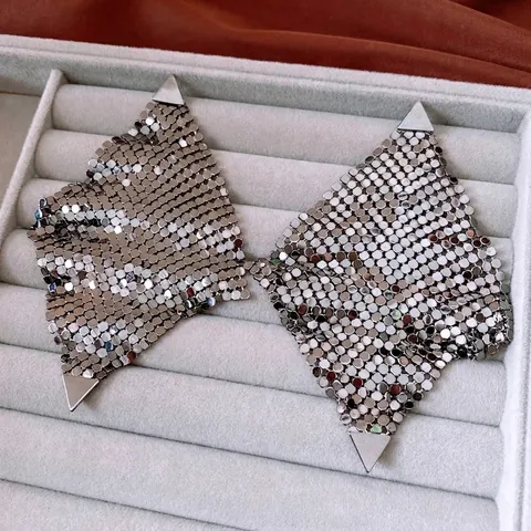 Pendientes Colgantes Rombo De Malla Aleación Borla Geométrica Con Poste De Plata Joyería De Moda De Lujo Para Mujer