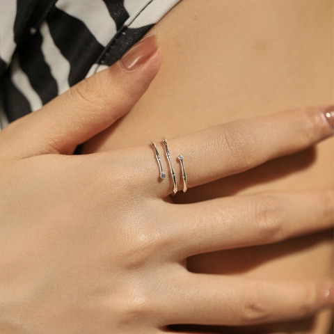 925 Sterling Silver Bamboo Adjustable Open Ring For Women With Cubic Zirconia Multi Layer Line Minimalist Jewelry