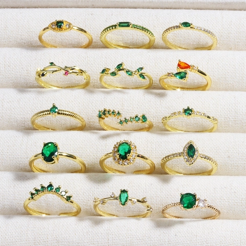 Adjustable Open Rings 18K Gold Plated Copper Green White Zircon Micro Inlaid Minimalist Fashion Jewelry For Women