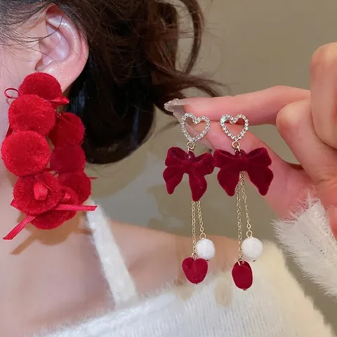 Orecchini A Cerchio Con Fiocco Di Velluto E Pompon Con Perno In Argento Lega Strass Cuore Nappa Retro Inverno Natale Gioielli